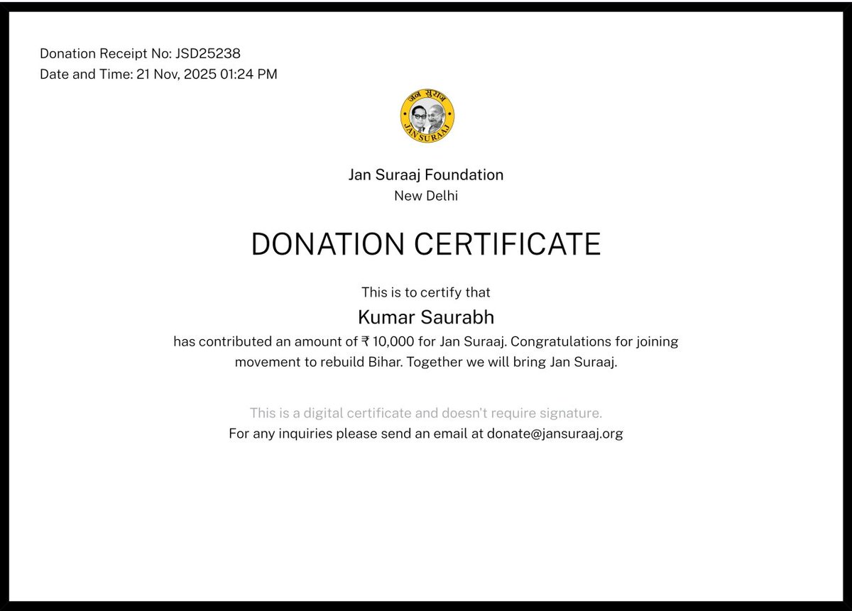 iKumarSaurabh's tweet image. आदरणीय प्रशांत किशोर जी,

बिहार नव निर्माण संकल्प अभियान हेतु अंशदान  है। 

एक पूर्णकालिक कार्यकर्ता की तरह जब तक हम (जन सुराज) अपने मुहिम में सफल नहीं हो जाते तब तक संपूर्ण ऊर्जा, जो कुछ भी सीमित साधन, संसाधन मेरे पास है वो मेरे नेता (आप) और मेरी पार्टी (जन सुराज) को समर्पित है…