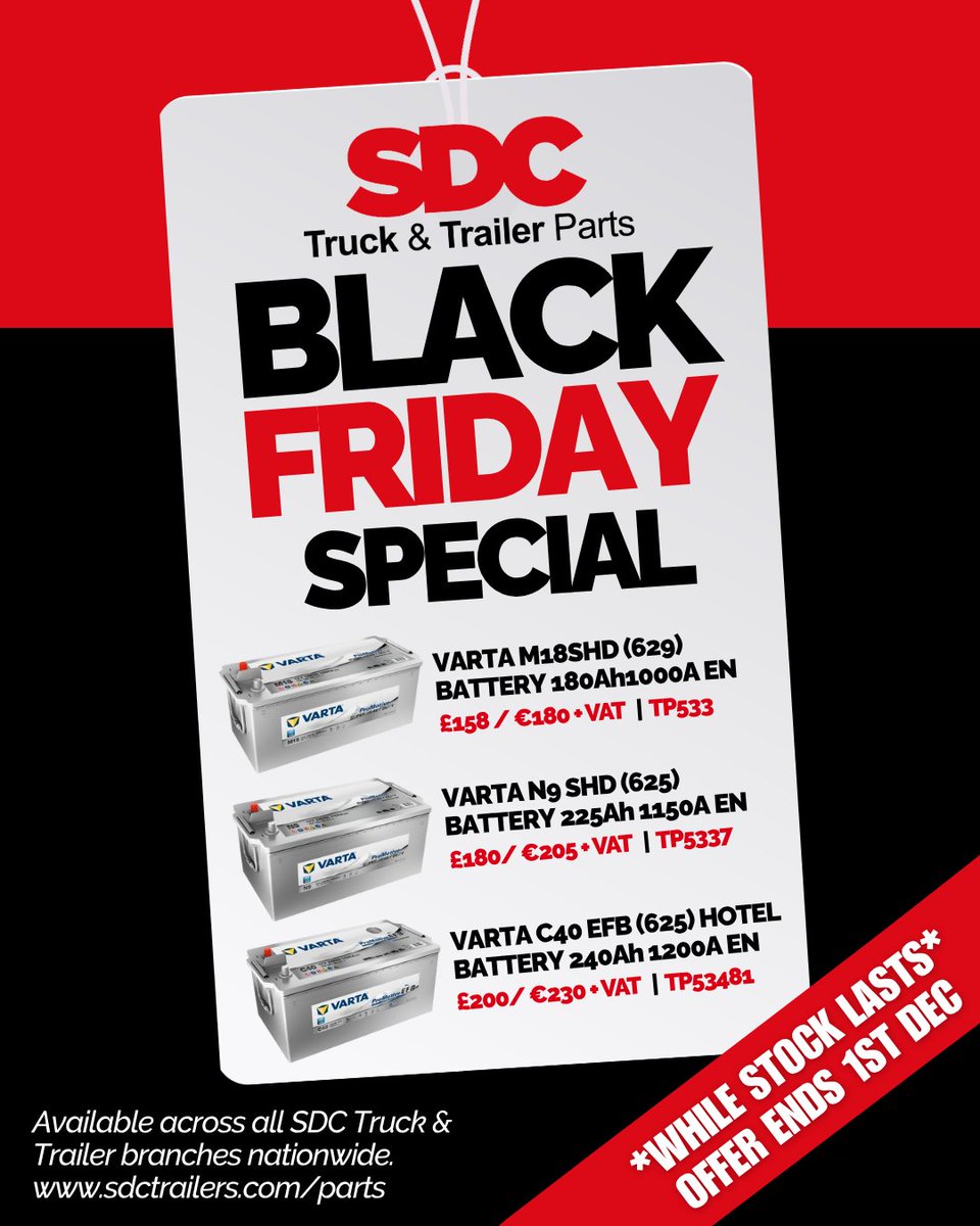 SDCParts's tweet image. ⚡ Our 2nd Black Friday Deal is all about power ⚡
Keep your fleet moving with these #VARTA BATTERY offers.

Available for collection or delivery across all SDC Truck &amp;amp; Trailer Branches - get in touch with our team to discuss your requirements. 🚛 

sdctrailers.com/parts