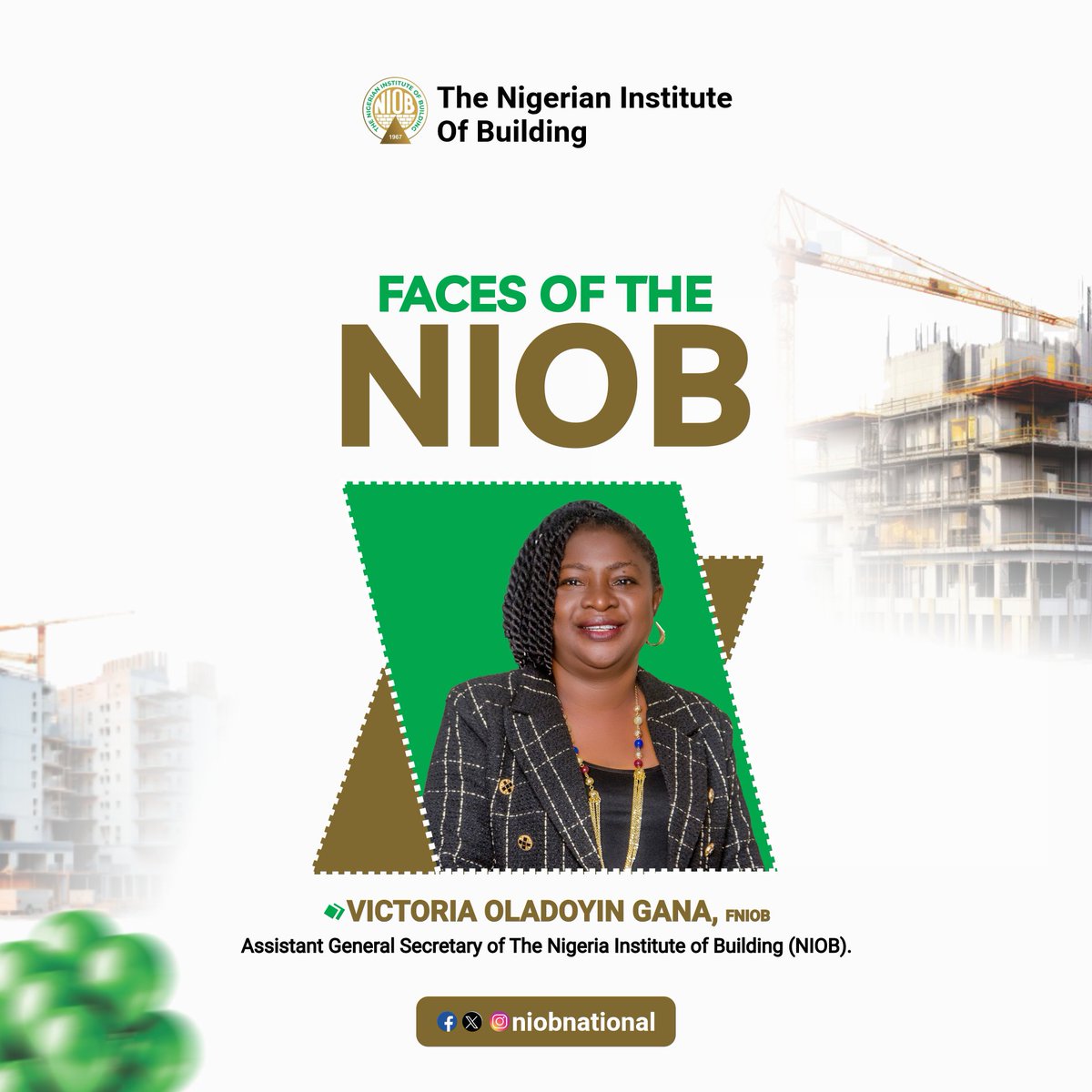 niobnational's tweet photo. Introducing the face of our institute today

Victoria Oladoyin Gana is a registered Builder with the Council of Registered Builders of Nigeria. (CORBON) and a Fellow of the Nigerian institute of building (NIOB). https://t.co/CPtz8IF2yL