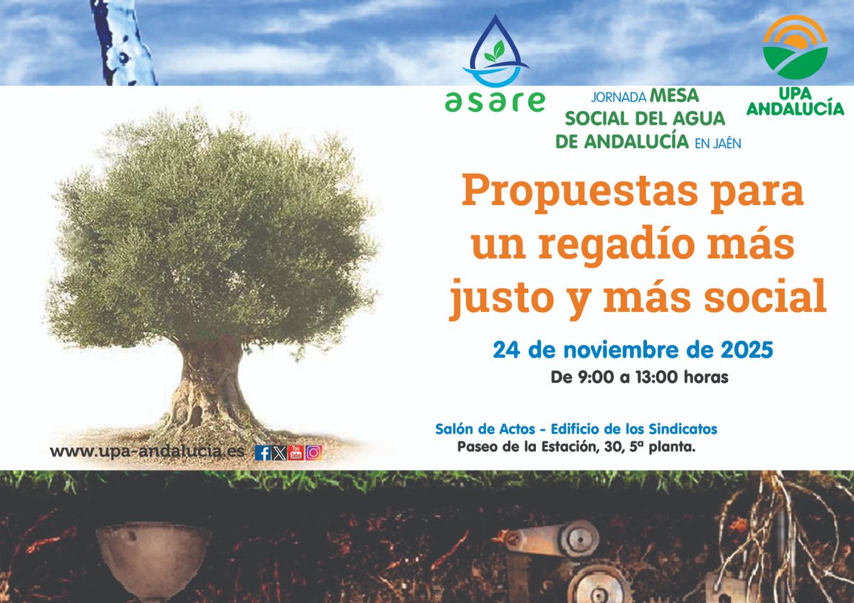 UPAJAEN's tweet photo. Un reparto más justo y social del agua no solo es necesario, sino también posible. El próximo lunes, 24 de noviembre, vamos a hablar sobre ello en una jornada de la Mesa Social del Agua. Os esperamos. #UPAJaénSembrandoFuturo. https://t.co/sYzOYIZMMg