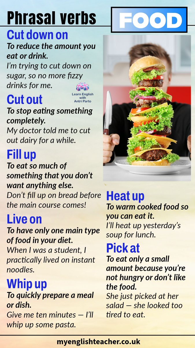 MyLinguaAcademy's tweet image. Hungry for new vocabulary? 
Here are some useful phrasal verbs about food that native speakers use all the time. Perfect for everyday chats.
Try them at dinner today! 👉🏻 buff.ly/8J1K1q5
#EnglishLearning #PhrasalVerbs #FoodEnglish #StudyEnglish #MyLinguaAcademy #ESL #EFL