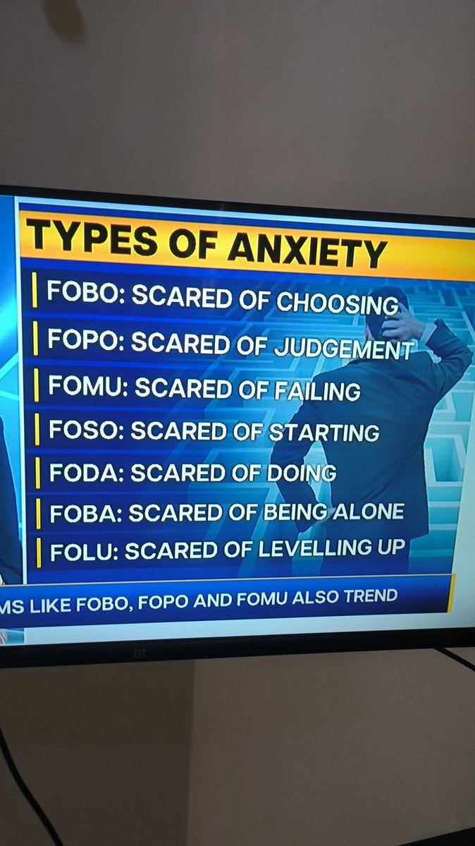 क्या ये आपको पता है?
नया है FOFO - Fear of figuring out

TYPES OF ANXIETY
FOBO: SCARED OF CHOOSING
FOPO: SCARED OF JUDGEMENT
FOMU: SCARED OF FAILING
FOSO: SCARED OF STARTING
FODA: SCARED OF DOING
FOBA: SCARED OF BEING ALONE
FOLU: SCARED OF LEVELLING UP
