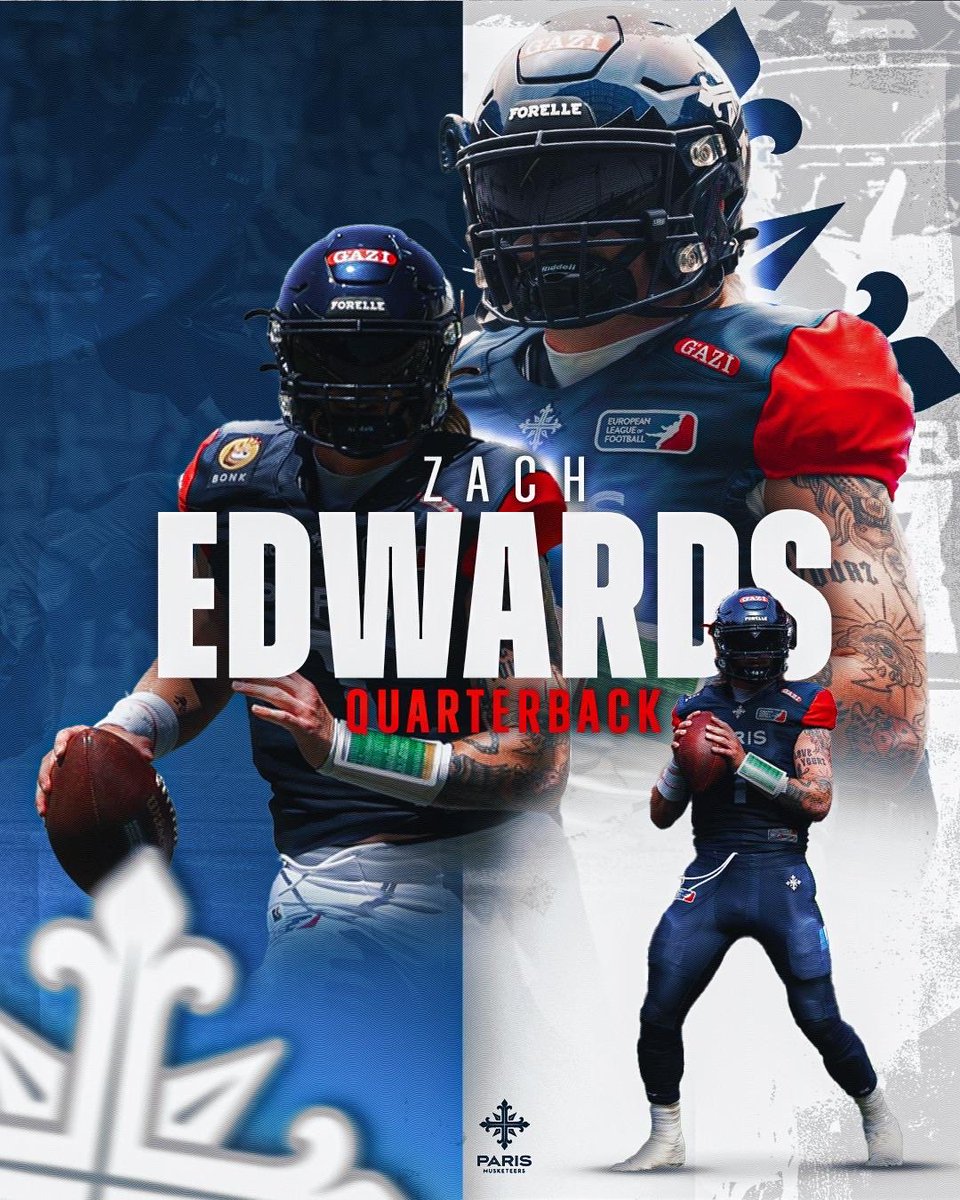 parismusketeers's tweet photo. 🪄 ⚔️ MAGIC ZACH EST DE RETOUR.

Le quarterback Zach Edwards revient chez les Paris Musketeers pour 2026.

Meilleur passeur de l’histoire de la ligue et Offensive Player of the Year 2024, il revient à la maison avec un seul objectif : gagner le championnat à Paris.

#touspourun https://t.co/8P5XpuGkKR