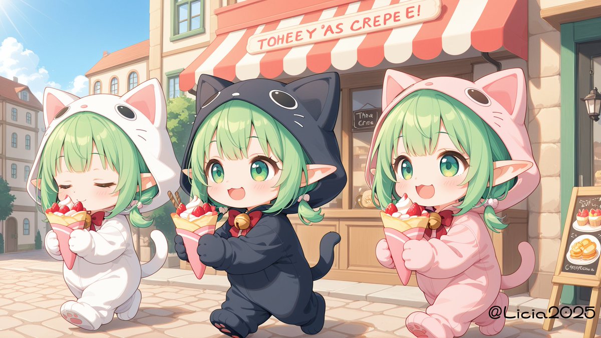 遊園地編。
絶叫したら小腹が空いたのでクレープを食べるリシアーズ。

#AIイラスト
#AIart