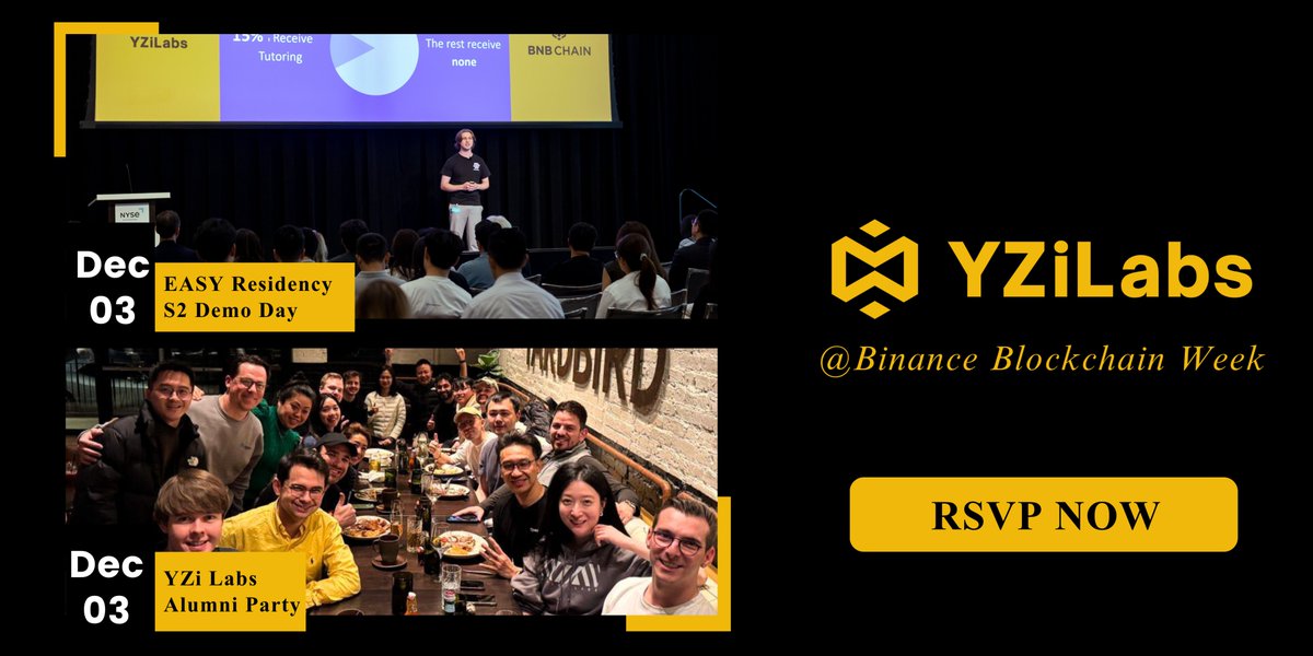 데모 데이와 동문 파티 등 YZi Labs의 Binance Blockchain Week 행사 홍보 이미지