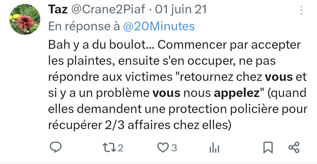 Ça me rappelle y'a qq annees... au moment où la victime de VC demande aux flics de l'accompagner chez elle parce qu'elle doit récupérer des affaires (et que le gars a un couteau)... Le flic qui répond "vous y allez et si y'a un pb vous rappelez"...