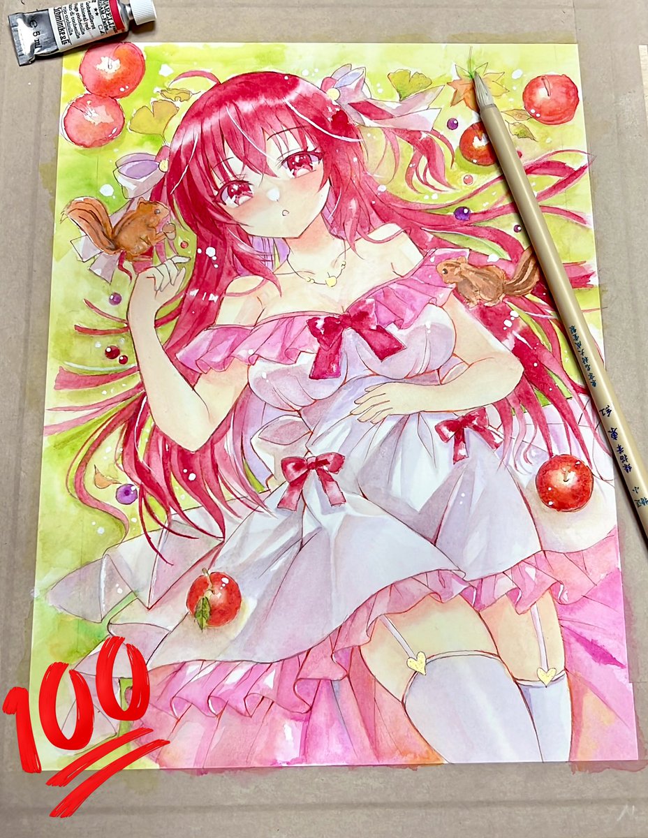 久しぶりの水張り！りんごちゃん描きました。細かいところ乾いたら