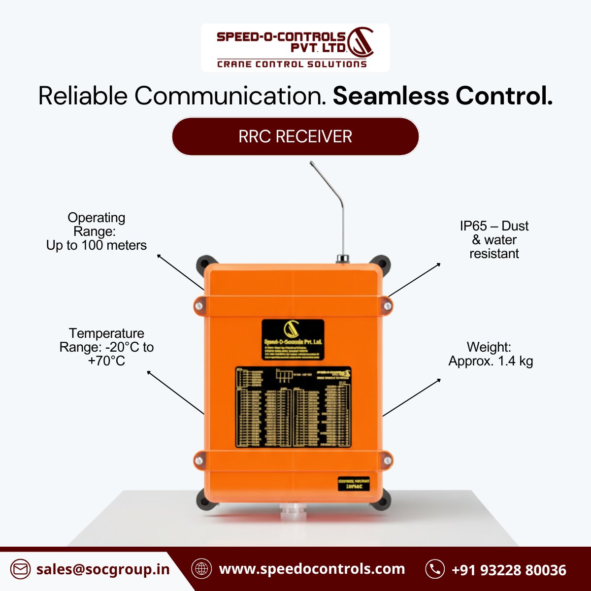 SpeedOControls's tweet image. RRC Receiver – Reliable, precise, and built for tough environments.
Wireless control for cranes &amp;amp; industrial machinery with:
433–434 MHz freq, -117 dBm sensitivity, IP65 protection, 100m range, 12+2 relays &amp;amp; 110/230VAC power.
#SpeedOControls #RRCReceiver