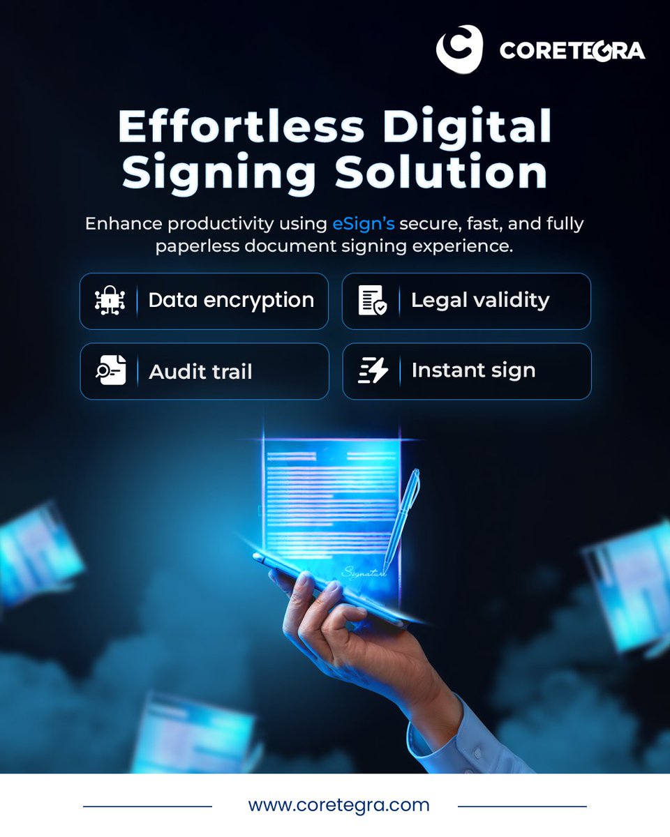 Coretegra1's tweet image. Effortless digital signing is now a reality. ✨ Secure your documents, sign instantly, and keep your workflow smooth with our eSign solution. 📄🔐 Boost productivity, reduce paperwork, and stay compliant with ease. 🚀

#digitalsigning #esign #paperlesswork #securesigning