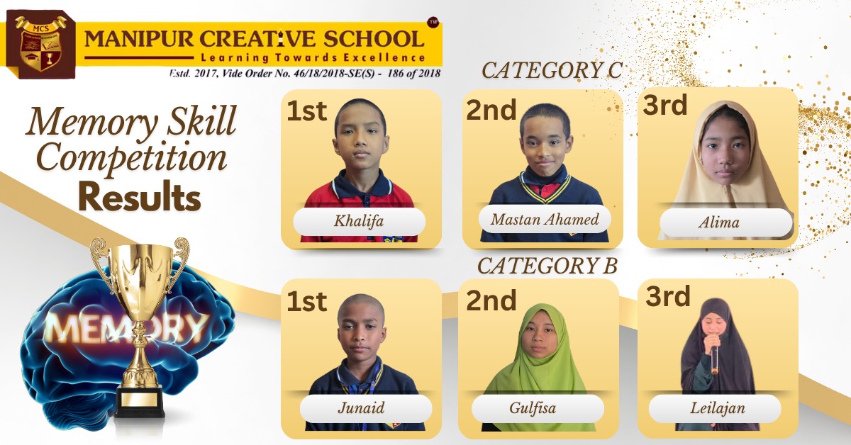 MCSImphal's tweet image. 🧠✨ Memory Skill Competition 2025 Results!

Proud of our young achievers from Manipur Creative School for showcasing excellent recall and confidence! 🏆

Congratulations to all winners from Category A, B &amp;amp; C! 👏

#MemorySkill #StudentExcellence #LearningTowardsExcellence