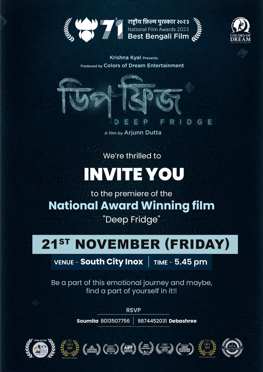 satrajits's tweet photo. Wishing all the best to the entire team of #Deepfridge for a successfull run at the box office after sweeping the festival circyit @itsmeabir @tnusreec #anuradha #arjunn #krishnakyal ⚡️✨🎉 https://t.co/sin6k8MkHW
