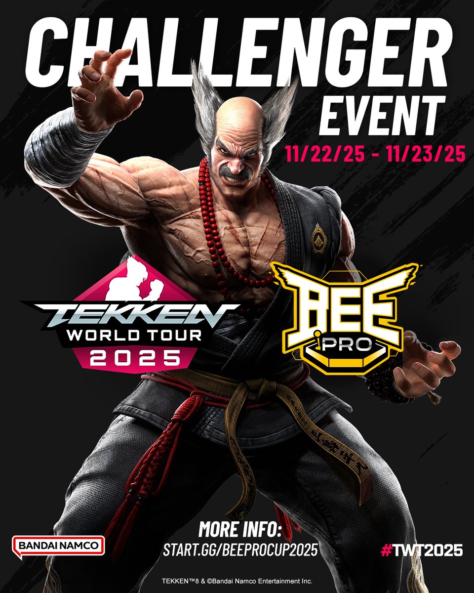 We have the last Challenger Events of the #TWT2025 season happening this weekend.

First one up!

BeePro Cup 2025
🗺️Taipei
🗓️ : November 22 - 23

Tune in for the streams!
twitch.tv/gamerbee

For more info on the event: start.gg/beeprocup2025