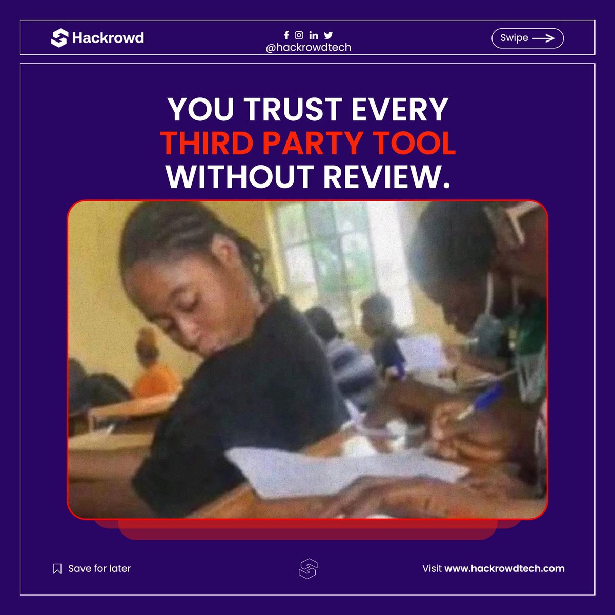 hackrowdtech's tweet image. That moment when you install a random plugin without review
And attackers are at the back like “God abeg, make am easy for us.” 😭💀

Third-party tools are not biscuits.
One wrong install = malware, backdoors, data leaks.

Slow down. Check reviews. Validate vendors.
 #Pentesting