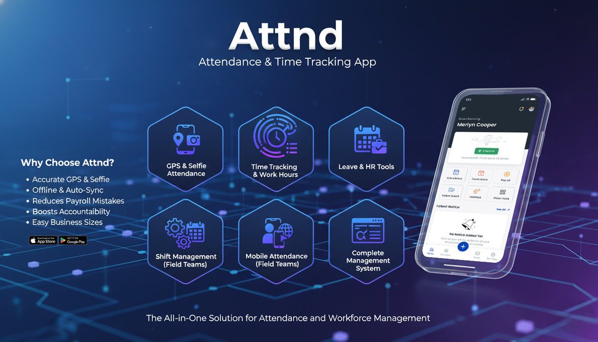 MohaiMinur40427's tweet image. Attnd – The Smarter Way to Track Attendance!
Say goodbye to manual attendance. With GPS check-ins, selfie verification, shift management, and real-time reporting.
#Attnd #AttendanceApp #WorkforceManagement #TimeTrackingApp #GPSAttendance #SelfieAttendance #EmployeeTracking