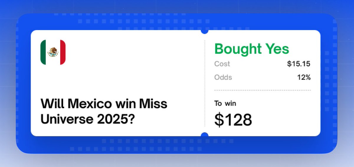 .@polymarket miss universe 2025 winner. 

mexico

thanks for playing.