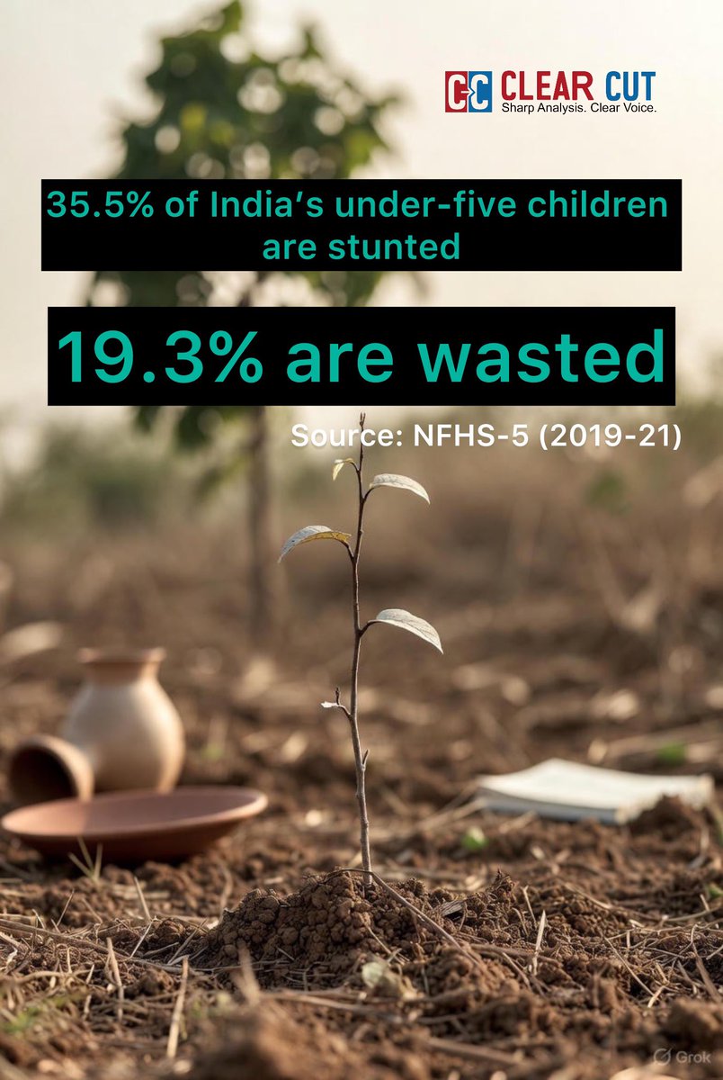 ClearCutMag's tweet image. India’s child nutrition challenge remains urgent: 1 in 3 children are stunted and 1 in 5 are wasted. The next decade must belong to nutrition-first policies.
#ChildHealth #Nutrition #IndiaData #NFHS #DataDisection #ClearCut 
#ClearCutMagazine