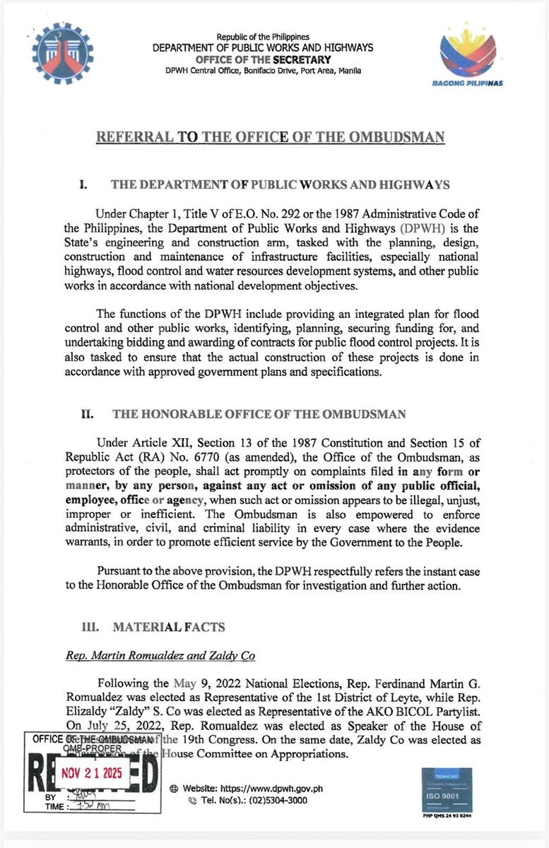 Joseph_Morong's tweet image. LOOK: referral for possible plunder charges by the DPWH vs formerr Speaker Martin Romualdez and former Ako Bicol Partylist Rep. Zaldy Co @m(c/o DPWH) @gmanews @24orasgma