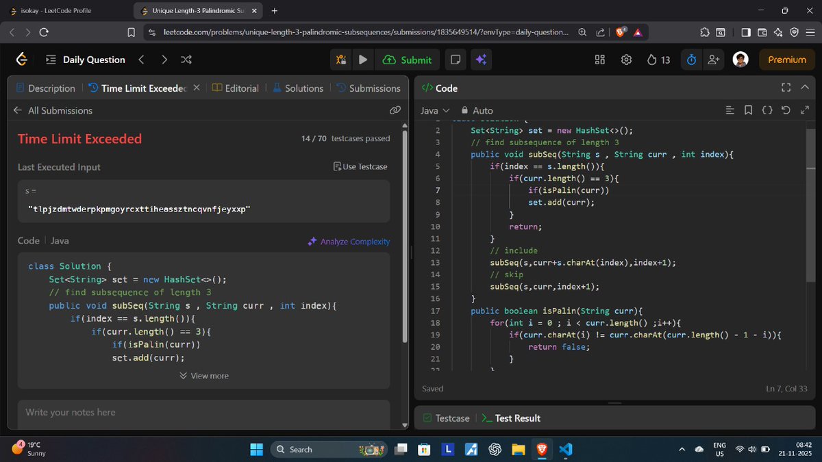 manish_twtx's tweet image. Day 97/100 #100DaysOfCode
✅ Solved Today&apos;s POTD 
Q.1930 - Unique Length-3 Palindromic Subsequences 🧩

Thanks @neetcode1