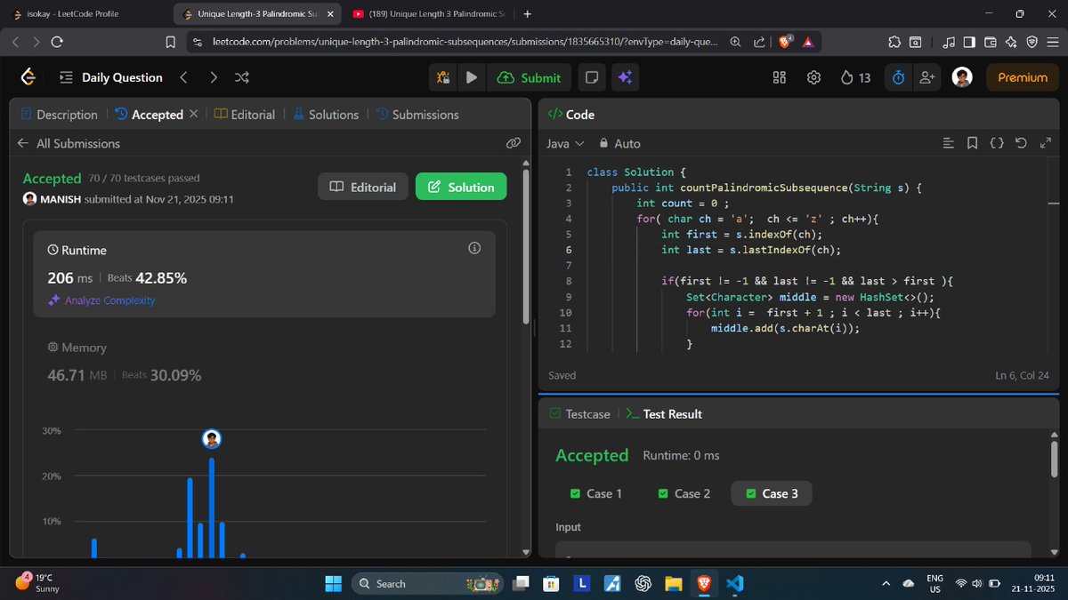 manish_twtx's tweet image. Day 97/100 #100DaysOfCode
✅ Solved Today&apos;s POTD 
Q.1930 - Unique Length-3 Palindromic Subsequences 🧩

Thanks @neetcode1