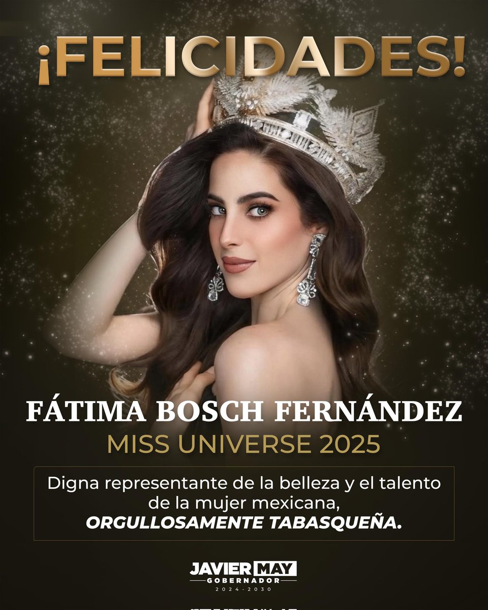 ¡Muchas felicidades, <a href="/bosch_fatima/">FATIMA BOSCH</a>! En #Tabasco celebramos tu triunfo en Miss Universe 2025.