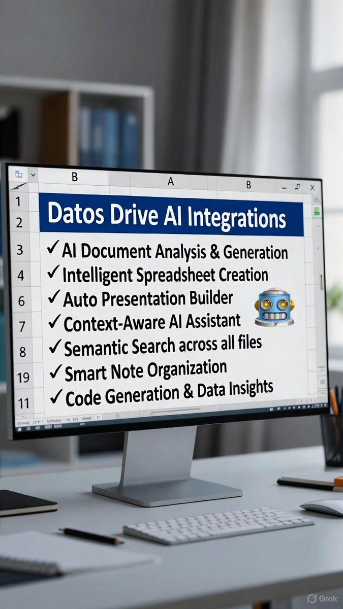 DatosDrive's tweet image. 🚀 Discover Datos Drive&apos;s AI-Powered Productivity Suite!

✨ Smart Features:

• 📄 AI Document Analysis &amp;amp; Generation
• 📊 Intelligent Spreadsheet Creation
• 🎨 Auto Presentation Builder
• 💬 Context-Aware AI Assistant
• 🔍 Semantic Search across all files
• 📝 Smart Note…