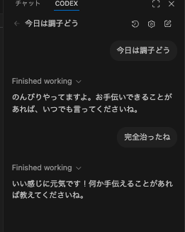 nishikohh's tweet image. 昨日から不安定だったけど、色々試して“完全初期化”に辿り着き、ついにCodexくん大復活！

履歴は全部飛んだけど、キャッシュ周りが原因だった可能性が高そう。直ってほんとよかった〜
#VSCode #Codex #ChatGPT