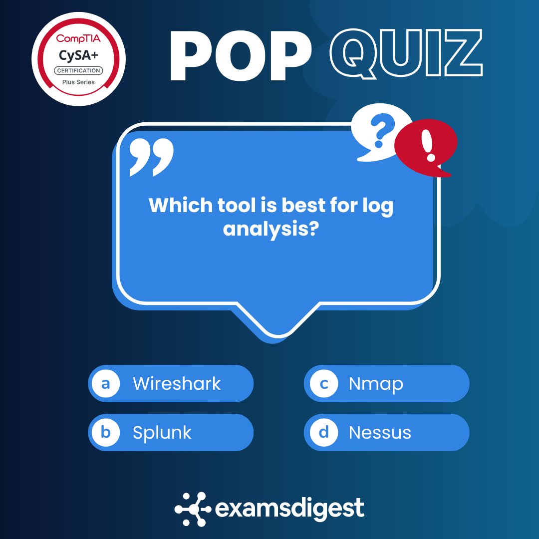 ExamsDigest's tweet image. Splunk = log analysis &amp;amp; threat detection ⚡
Wireshark → captures packets
Nmap → scans networks
Nessus → finds vulns

Which one’s your go-to tool? 👇

#CySAPlus #CompTIA #BlueTeam #CyberSecurity #SIEM #InfoSec #SOCAnalyst #ExamPrep #TechTraining #StudyMotivation