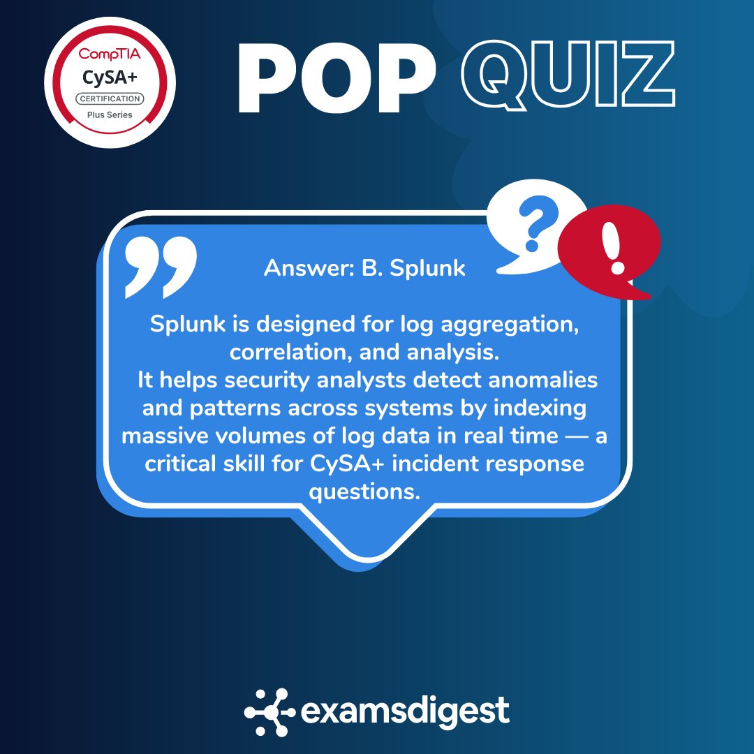 ExamsDigest's tweet image. Splunk = log analysis &amp;amp; threat detection ⚡
Wireshark → captures packets
Nmap → scans networks
Nessus → finds vulns

Which one’s your go-to tool? 👇

#CySAPlus #CompTIA #BlueTeam #CyberSecurity #SIEM #InfoSec #SOCAnalyst #ExamPrep #TechTraining #StudyMotivation