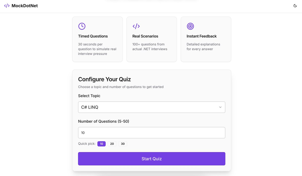 MockDotNet_Dev's tweet image. Just added LINQ questions to the platform.
Highly relevant, covers the common interview-style questions. Check it out here - mockdotnet.dev
More updates coming. Stay Tuned.

#csharpprogramming #csharpdevelopers #interviewinghelp #interview #dotnet