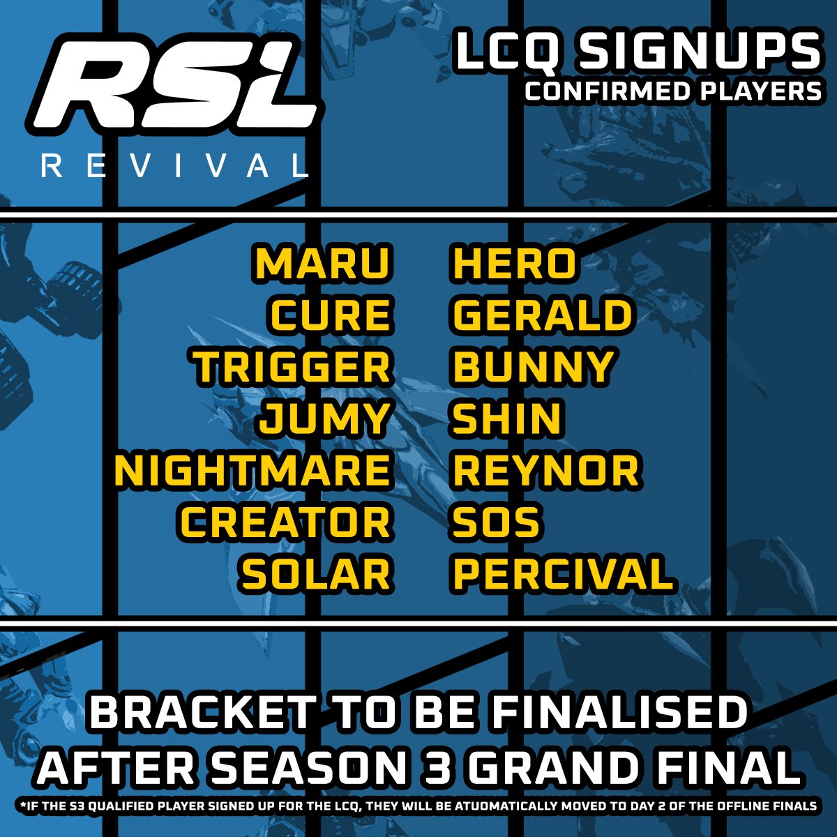 ReviveSC2's tweet image. The LCQ signups have closed and we have our star-studded lineup 🔥🔥🔥

The bracket will be finalised once the Season 3 qualified player is clarified -- stay tuned!