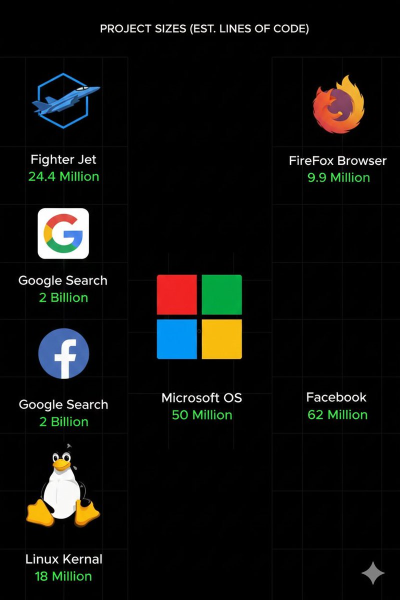AJwillwin1312's tweet image. “How Many Lines of Code Built Our Digital World? The Numbers Will Shock You.”

Check comment 👇

#Technology  
#Coding  
#SoftwareEngineering  
#Programming  
#TechFacts  
#Developers  
#Linux  
#Windows  
#Google  
#Firefox  
#BigTech  
#Engineering  
#TechCommunity