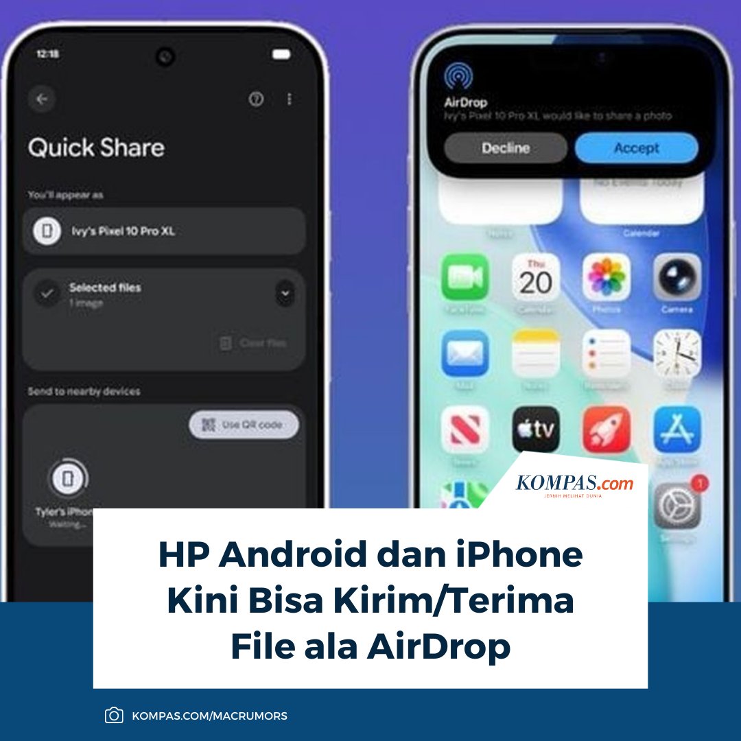 kompascom's tweet image. Akhirnya terwujud! Pengguna ponsel Android dan iPhone kini dapat berbagi berkas dengan cepat dan mudah, menghapus batasan kirim berkas lintas sistem operasi ala AirDrop.

Baca di sini: tekno.kompas.com/read/2025/11/2…

~TR #QuickShare #iPhone #Android