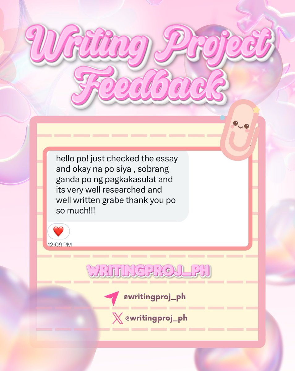 Feedback from a valued client. She requested an analytical essay and loved the quality of the paper we delivered. ☺️

Our team is still open for rush and non-rush commissions. 📚✍️

Send us your inquiries 🩷

#writingprojectfeedback