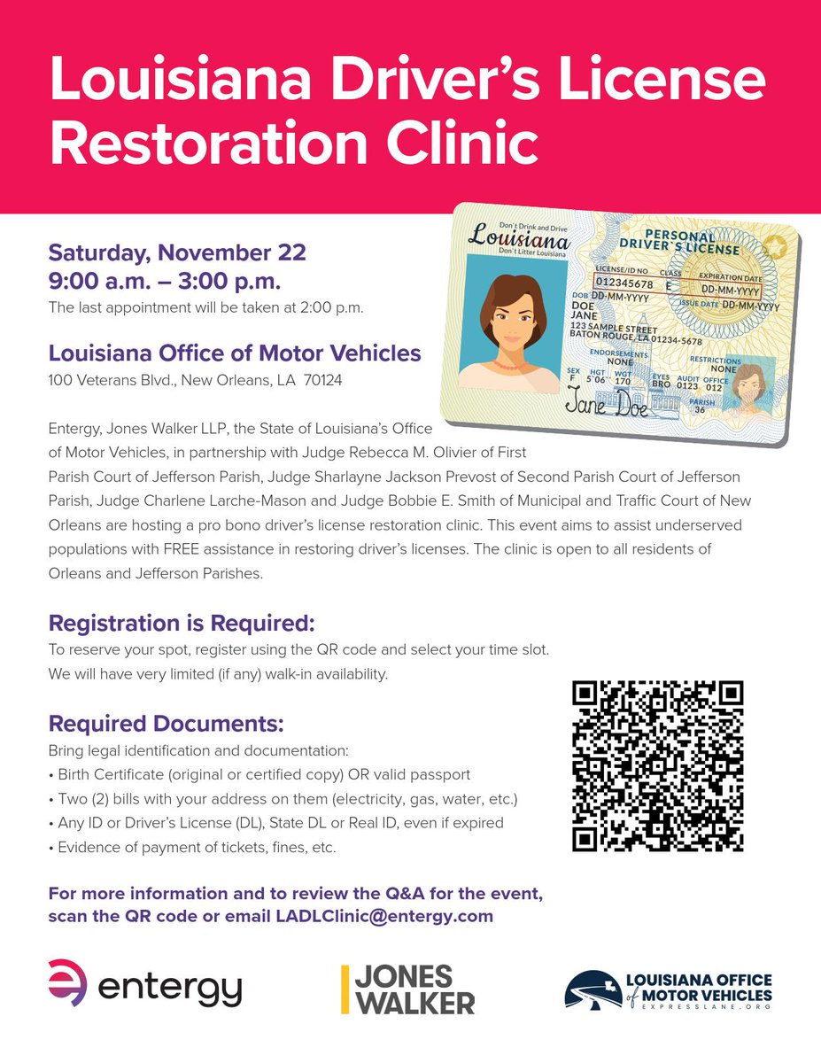 🚗 Need help getting your driver’s license restored?
A free Driver’s License Restoration Clinic will be held TOMORROW, Saturday, Nov. 22 from 9AM–3PM at the Louisiana Office of Motor Vehicles (100 Veterans Blvd., New Orleans).

✅ Free assistance
✅ Registration required
✅