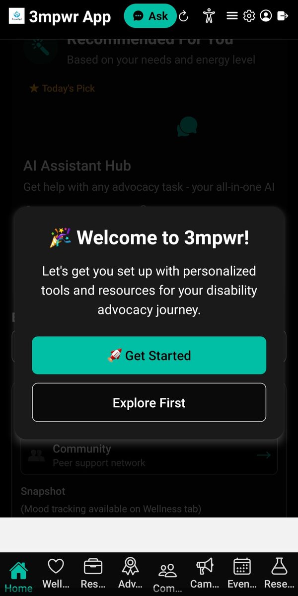 3mpowrApp0816's tweet image. 📲 Introducing the 3mpwr App Welcome Screen! 🎉

When you first open the 3mpwr App, you’re greeted with a warm welcome &amp;amp; a powerful message:

“Let’s get you set up with personalized tools &amp;amp; resources for your disability advocacy journey.”

 #SupportAndStrength #InclusiveTech
1/3