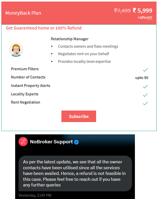 dhvinay's tweet photo. @nobrokercom "Get Guaranteed home (without using 50 contacts) or 100% Refund" is that what you intended to convey in the ad?

As @NoBrokerCare says refund is not possible because I used all the contacts. Btw- your investigation team yet to return wrong/unreachable listing quota. https://t.co/Co5bDA4DzL