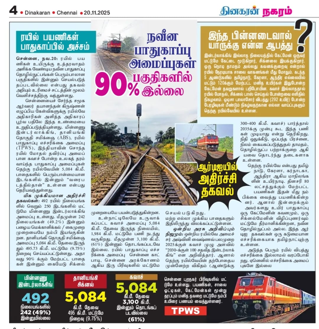 dayatiger197312's tweet image. Current status of
#Signaling_Infrastructure in Southern Railway.
It&apos;s high time SR should complete #ElectronicInterlocking, #AutomaticBlockSignalling, #Kavach, TPWS and #Centralized_Rail_Traffic_centres in #TamilNadu
@narendramodi @RailMinIndia @CMOTamilnadu @DrmChennai