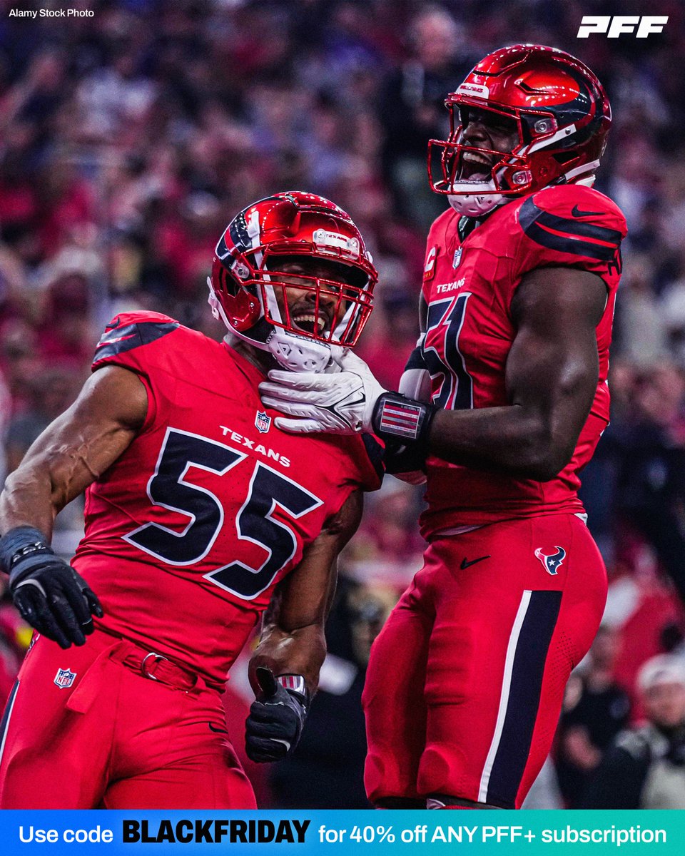 PFF's tweet image. The Texans Defense vs the Bills

🐂 8 sacks
🐂 28 pressures
🐂 2 INTs
🐂 1 Fumble Recovery