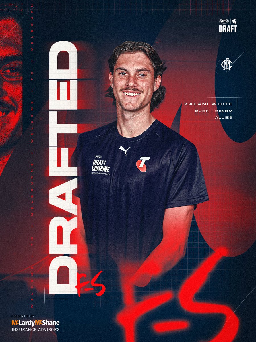 melbournefc's tweet image. Continuing his father&apos;s legacy in the red + blue ❤️Son of former Demon ruck Jeff, Kalani White has joined the Dees as a pre-selected rookie under the father son rule.

📝 | mfcde.es/3Mdchlm