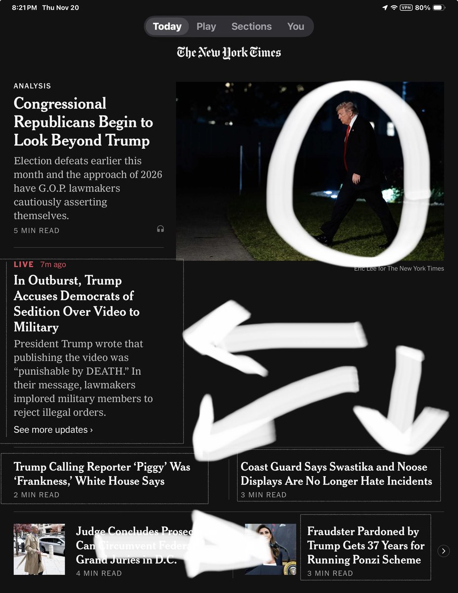 hzwerling's tweet image. Top of NYTimes webpage - 11/20/25
Trump . . .
1. Calls reporter “Piggy”
2. Declares swastikas, nooses, and confederate flag should be embraced
3. Advocates killing 6 military veteran Senators
4. Pardonee gets 37 years in prison

And that is only ONE DAY!!

ihaveanidea.us/authoritarianp…