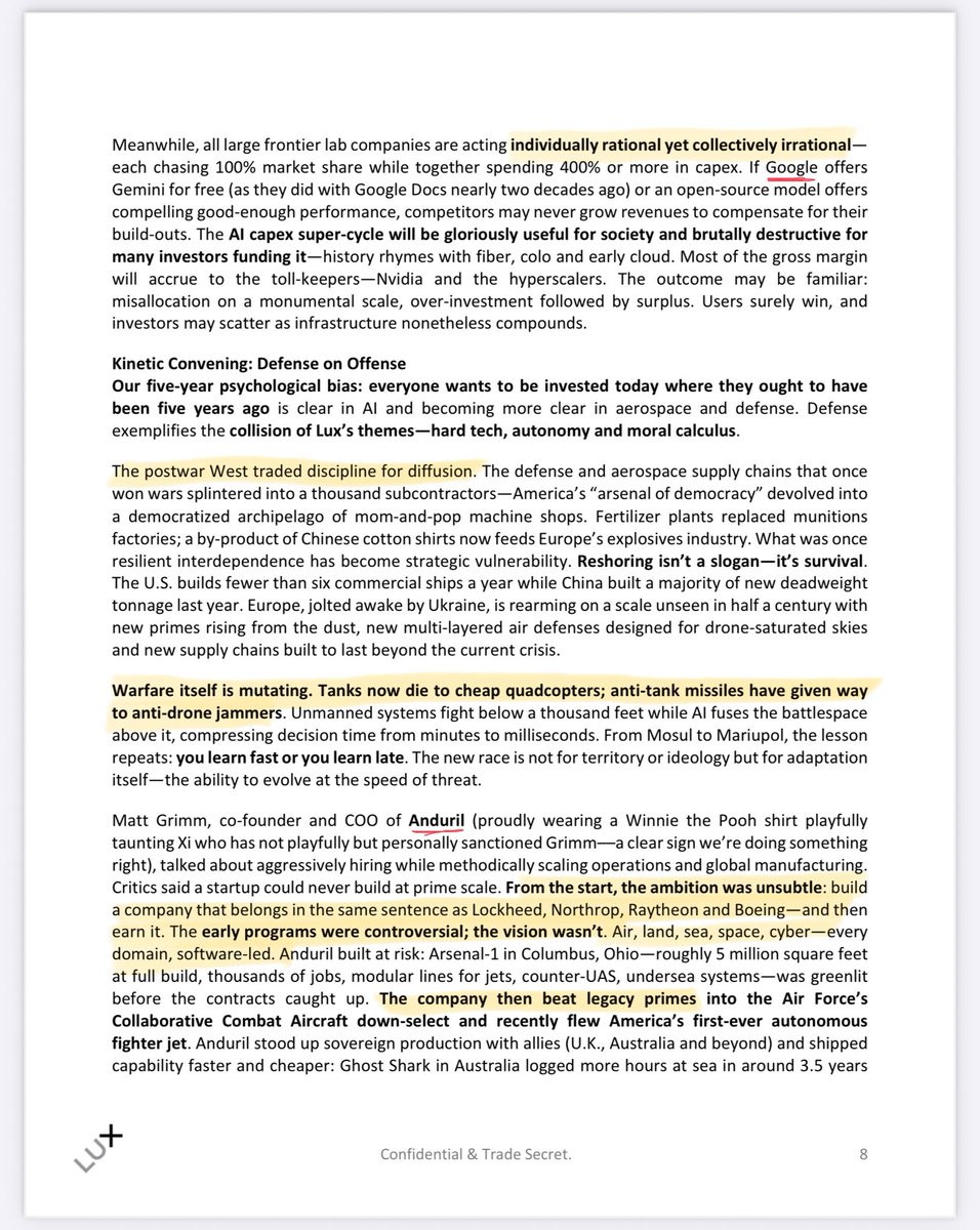 wolfejosh's tweet image. 10/ What is individually rational yet collectively irrational

The postwar West traded discipline for diffusion

Warfare itself is mutating––tanks now die to cheap quadcopters; anti-tank missiles have given way to anti-drone jammers

Anduril @anduriltech has been crushing it.