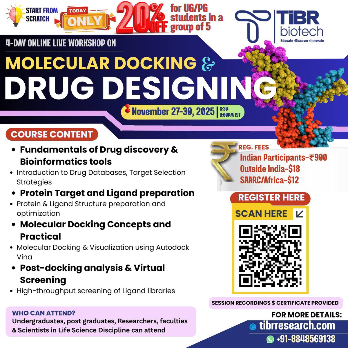 DrNobleKKurian's tweet image. 🚀 𝐋𝐞𝐯𝐞𝐥 𝐔𝐩 𝐘𝐨𝐮𝐫 𝐃𝐫𝐮𝐠 𝐃𝐢𝐬𝐜𝐨𝐯𝐞𝐫𝐲 𝐒𝐤𝐢𝐥𝐥𝐬! 🧬
Join our intensive 4-Day online workshop
Don’t miss out on limited seats!
🔗 Register: lnkd.in/gtUJdCVH
#DrugDiscovery #ComputationalBiology #Bioinformatics #MolecularDocking #Pharma #Biotech #TIBR