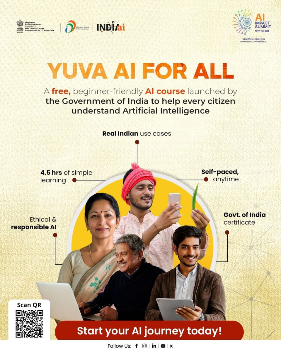 ravikarkara's tweet image. Brilliant!! Key to @IND2047 

India’s new FREE AI course is here!

Under the IndiaAI Mission, Ministry of Electronics and Information Technology has introduced a short, simple and practical 4.5-hour self-paced course designed for students, professionals, educators, and curious…