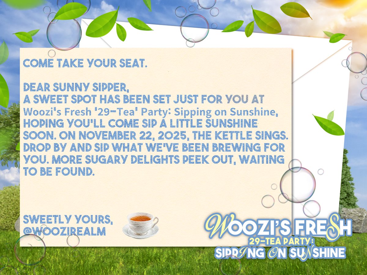 ♥︎ Sweet pastries adorn the entire table, letting everyone know that 𝗪𝗼𝗼𝘇𝗶’𝘀 𝗙𝗿𝗲𝘀𝗵 𝟮𝟵-𝗧𝗲𝗮 𝗣𝗮𝗿𝘁𝘆: 𝗦𝗶𝗽𝗽𝗶𝗻𝗴 𝗼𝗻 𝗦𝘂𝗻𝘀𝗵𝗶𝗻𝗲 will soon begin. I, Zian Raskala, softly proclaim, “I’m ready to celebrate!” 🥨