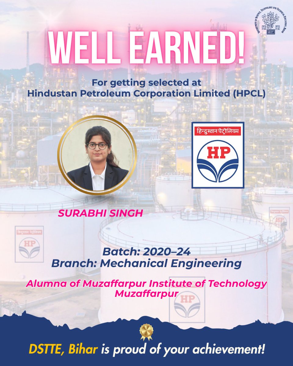 DSTTEBihar's tweet image. Surabhi Singh of MIT Muzaffarpur shines bright as she secures a position at HPCL as Executive Officer—an inspiring milestone of hard work and academic excellence.
Follow @dsttebihar for more student success stories.

#MITMuzaffarpur #HPCL #ProudMoment #DstteBihar