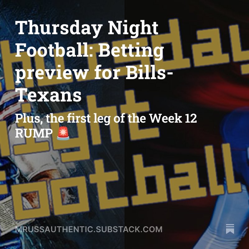 Another #TNFonPrime winner for #BillsMafia #Texans as we’re still somehow undefeated on #NFL sides/totals for Thursday nights this season. 
Took the paywall down if you want to see what you missed.  Plus, the “Black Friday” sale offer is in there too. 

mrussauthentic.substack.com/p/thursday-nig…