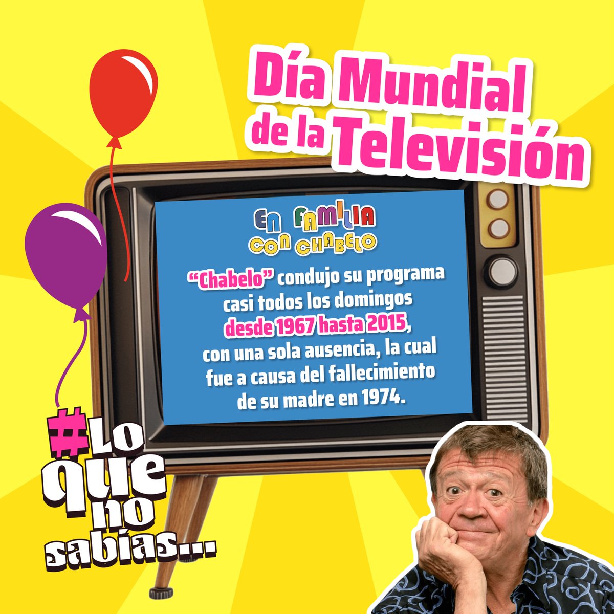 ConecteUAEMex's tweet image. La duración más larga de un programa en la TV mexicana hasta la fecha es la del presentador Xavier López &quot;Chabelo&quot;, quien interpretó a su icónico personaje por casi 48 años seguidos en el programa dominical “En Familia con Chabelo”.  📺

#DíaMundialdelaTelevisión
