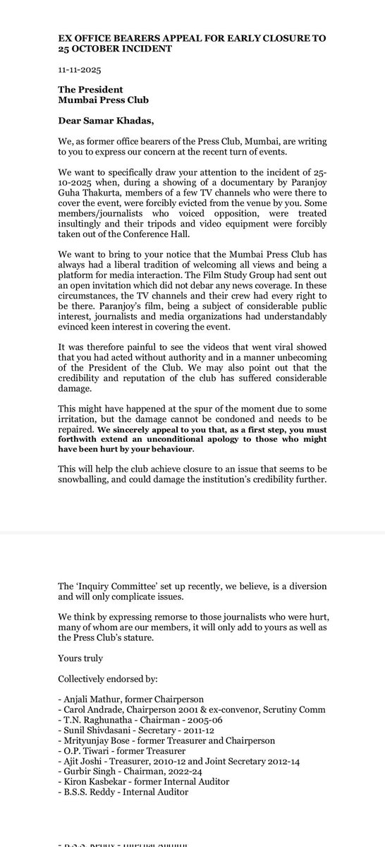 <a href="/mumbaipressclub/">Mumbai Press Club</a> ALL IT NEEDS IS A HEARTFELT APOLOGY 
From the videos and witnesses it is clear what happened and who started it. Its a case of bad behaviour. Accusations of politics and inquiry committees is diverting the issue. Sadly, an appeal (appended) by 10 ex officebearers has no response.