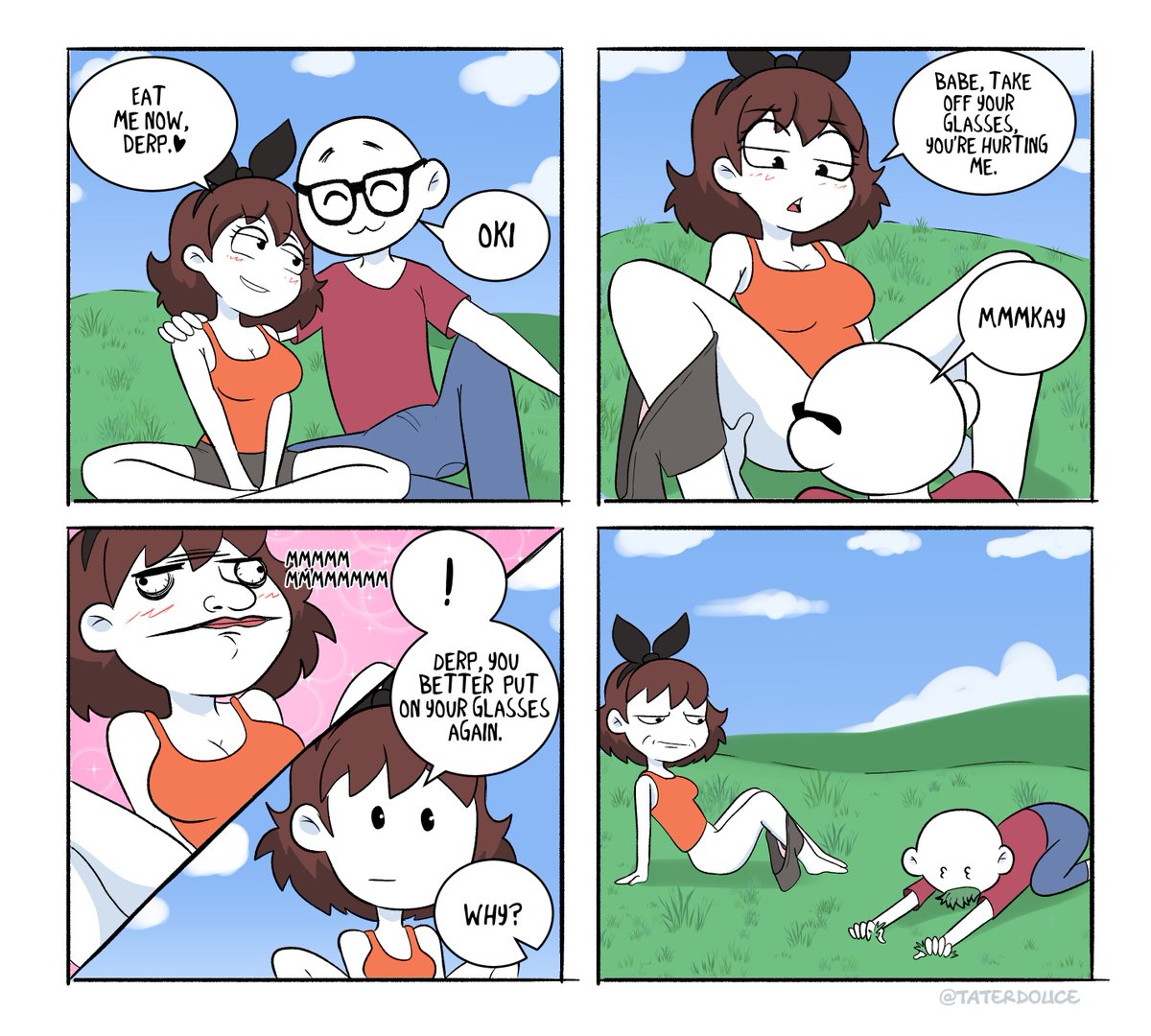 Derp and Derpina comic: Touching the grass 🫒