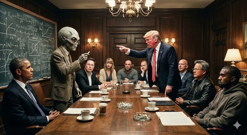 swayducky's tweet image. It all makes sense now...

Gemini-3-Pro / Nano-Banana-Pro PROMPT: &quot;A grainy, vintage film photograph of a grey alien in a tweed suit lecturing at a chalkboard in a dim, wood-paneled boardroom. Around a long conference table, Donald Trump points angrily at the alien, while Barack…